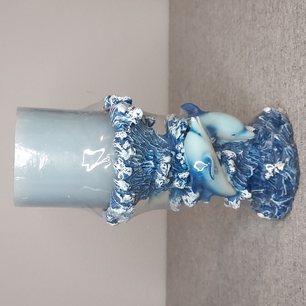 Vintage 90's Y2K Blue Jumping Dolphin Waves Candle & Holder New w/ Box